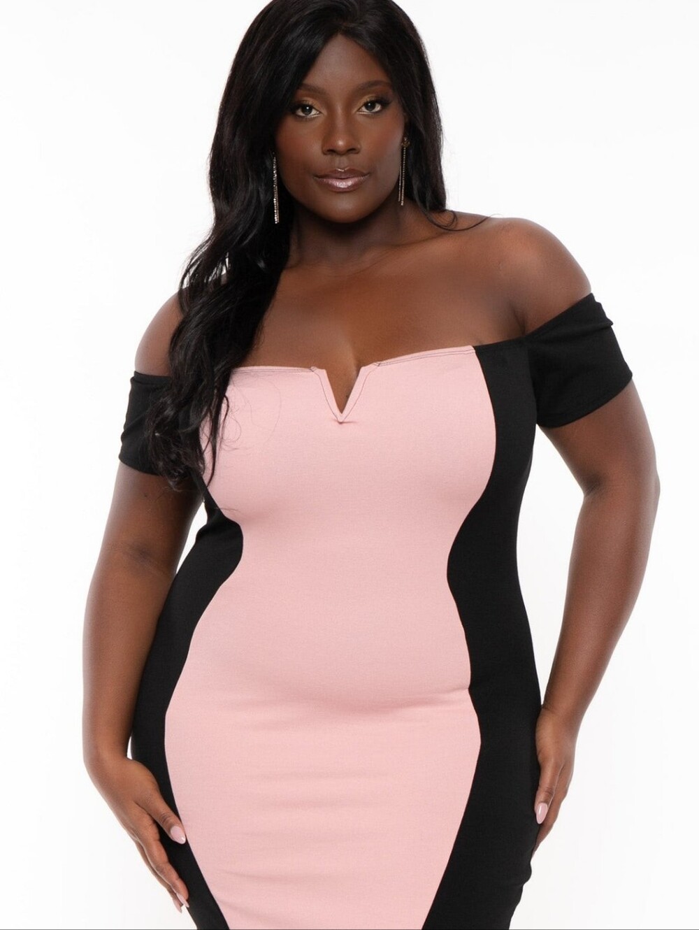 Black & Blush Pink Colorblock Sheath Dress Off The Shoulder - Picture 4 of 4